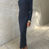 Navy Long Sleeve Jersey Spandex Dress