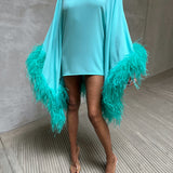 Aqua Feather Trimmed Kaftan