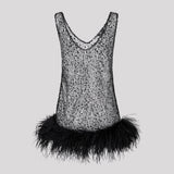 Black Sequin Beaded Feather Trim Slip Dress