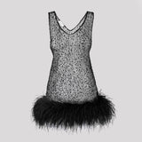 Black Sequin Beaded Feather Trim Slip Dress