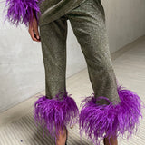 Hologram Metallic Feather Cuff Trousers