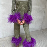 Hologram Metallic Feather Cuff Trousers