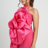 Hot Pink Satin Chiffon Flower Mini Dress