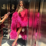 Hot Pink Feather Trimmed Kaftan Dress